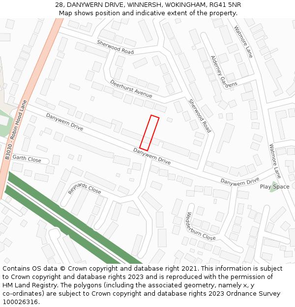 28, DANYWERN DRIVE, WINNERSH, WOKINGHAM, RG41 5NR: Location map and indicative extent of plot