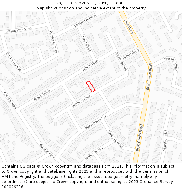 28, DOREN AVENUE, RHYL, LL18 4LE: Location map and indicative extent of plot