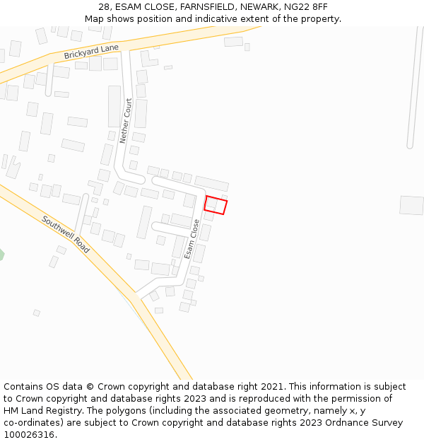 28, ESAM CLOSE, FARNSFIELD, NEWARK, NG22 8FF: Location map and indicative extent of plot