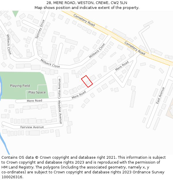 28, MERE ROAD, WESTON, CREWE, CW2 5LN: Location map and indicative extent of plot