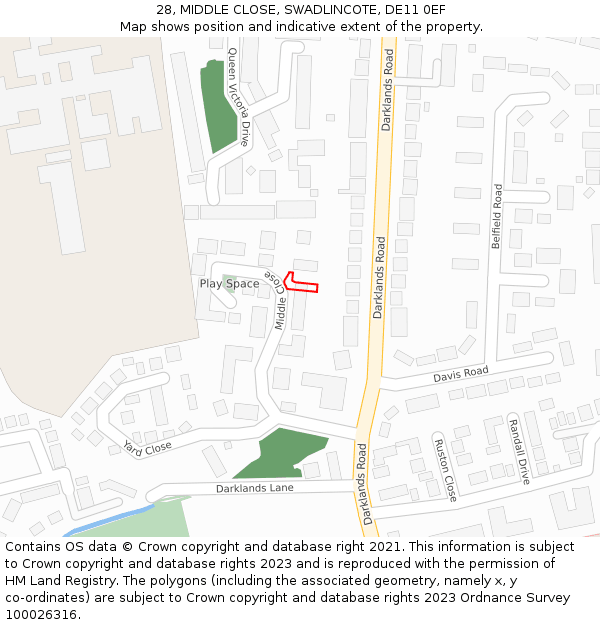 28, MIDDLE CLOSE, SWADLINCOTE, DE11 0EF: Location map and indicative extent of plot