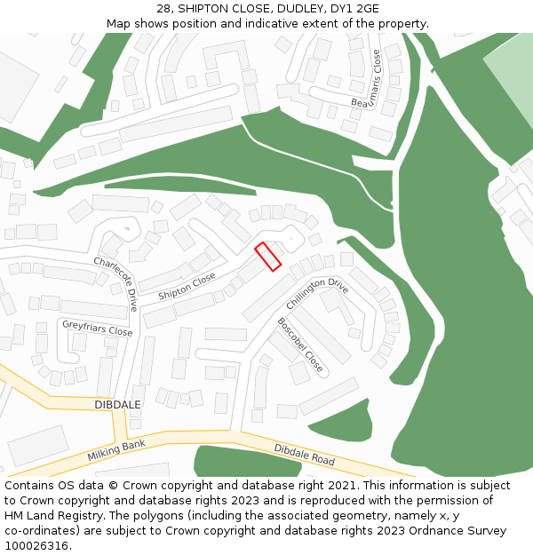 28, SHIPTON CLOSE, DUDLEY, DY1 2GE: Location map and indicative extent of plot