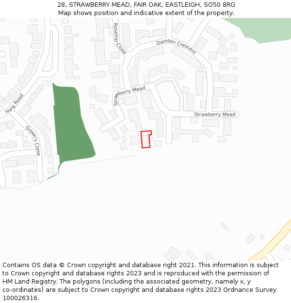 28, STRAWBERRY MEAD, FAIR OAK, EASTLEIGH, SO50 8RG: Location map and indicative extent of plot