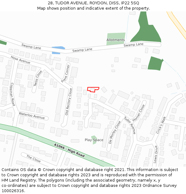 28, TUDOR AVENUE, ROYDON, DISS, IP22 5SQ: Location map and indicative extent of plot