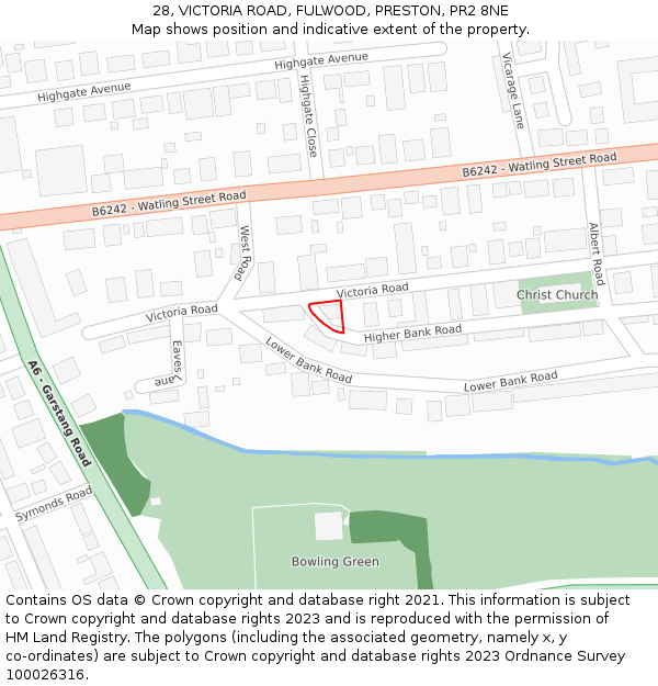 28, VICTORIA ROAD, FULWOOD, PRESTON, PR2 8NE: Location map and indicative extent of plot