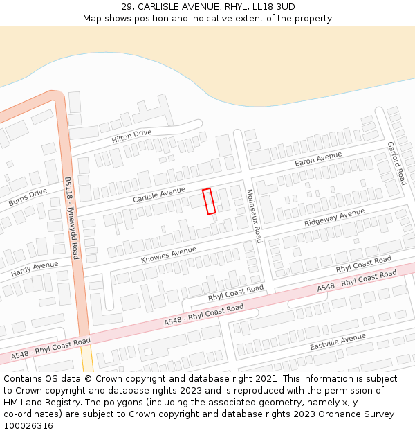 29, CARLISLE AVENUE, RHYL, LL18 3UD: Location map and indicative extent of plot