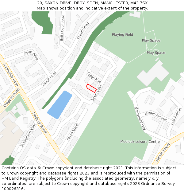 29, SAXON DRIVE, DROYLSDEN, MANCHESTER, M43 7SX: Location map and indicative extent of plot