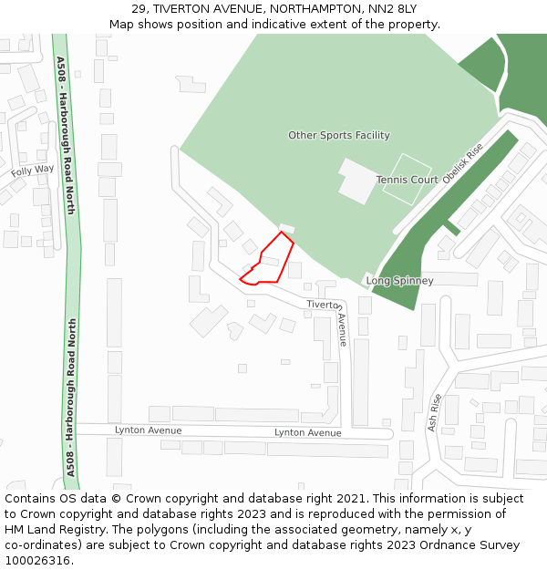 29, TIVERTON AVENUE, NORTHAMPTON, NN2 8LY: Location map and indicative extent of plot