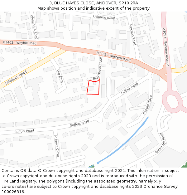 3, BLUE HAYES CLOSE, ANDOVER, SP10 2RA: Location map and indicative extent of plot