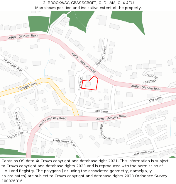 3, BROOKWAY, GRASSCROFT, OLDHAM, OL4 4EU: Location map and indicative extent of plot