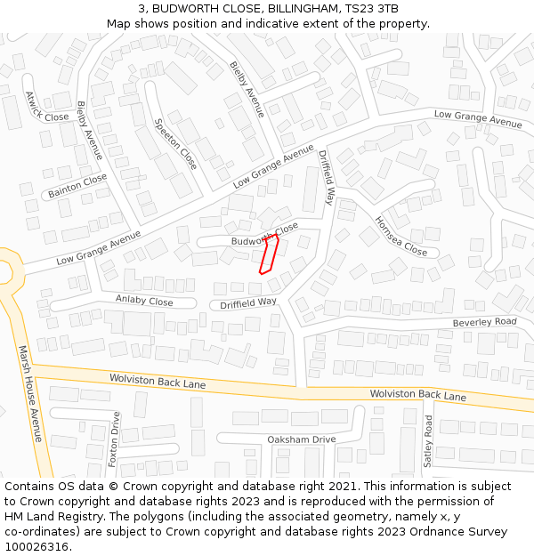 3, BUDWORTH CLOSE, BILLINGHAM, TS23 3TB: Location map and indicative extent of plot