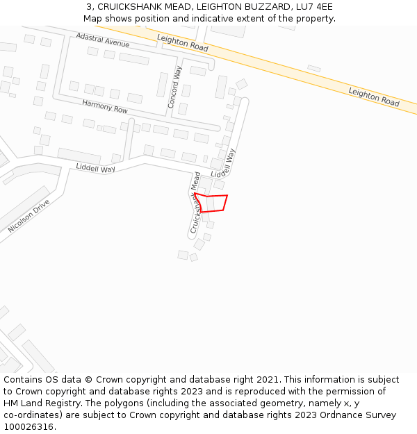 3, CRUICKSHANK MEAD, LEIGHTON BUZZARD, LU7 4EE: Location map and indicative extent of plot