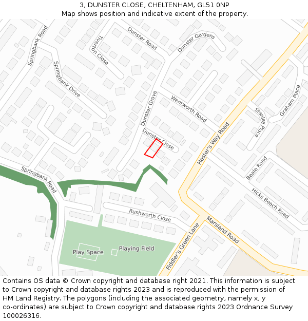 3, DUNSTER CLOSE, CHELTENHAM, GL51 0NP: Location map and indicative extent of plot