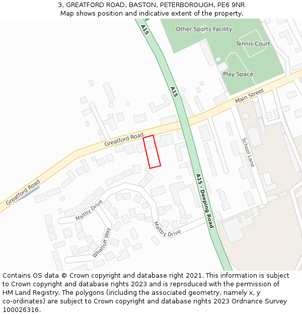 3, GREATFORD ROAD, BASTON, PETERBOROUGH, PE6 9NR: Location map and indicative extent of plot