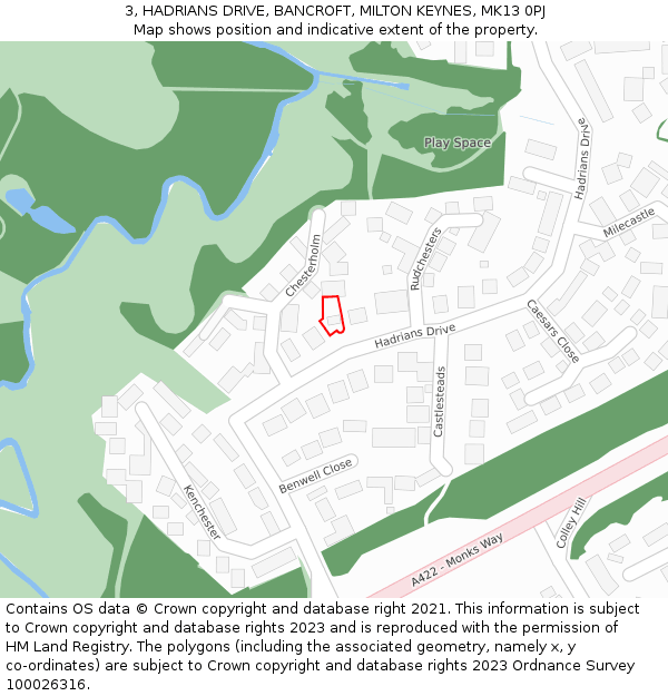 3, HADRIANS DRIVE, BANCROFT, MILTON KEYNES, MK13 0PJ: Location map and indicative extent of plot