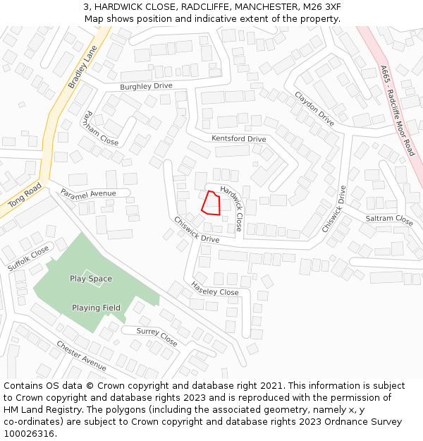 3, HARDWICK CLOSE, RADCLIFFE, MANCHESTER, M26 3XF: Location map and indicative extent of plot