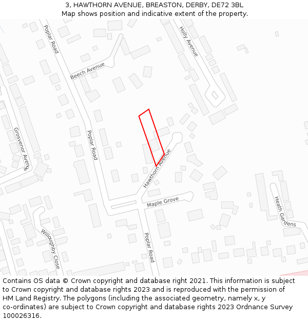 3, HAWTHORN AVENUE, BREASTON, DERBY, DE72 3BL: Location map and indicative extent of plot