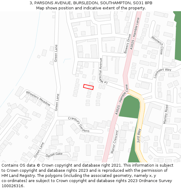 3, PARSONS AVENUE, BURSLEDON, SOUTHAMPTON, SO31 8PB: Location map and indicative extent of plot