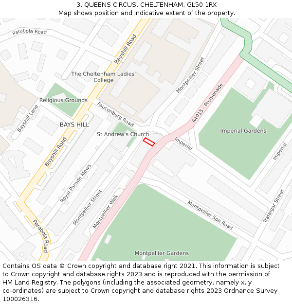 3, QUEENS CIRCUS, CHELTENHAM, GL50 1RX: Location map and indicative extent of plot