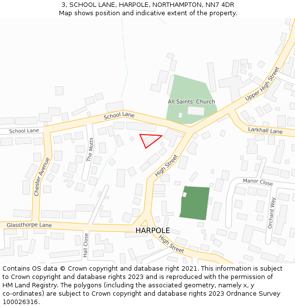 3, SCHOOL LANE, HARPOLE, NORTHAMPTON, NN7 4DR: Location map and indicative extent of plot