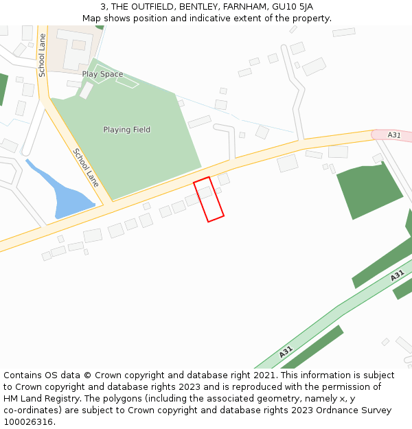 3, THE OUTFIELD, BENTLEY, FARNHAM, GU10 5JA: Location map and indicative extent of plot