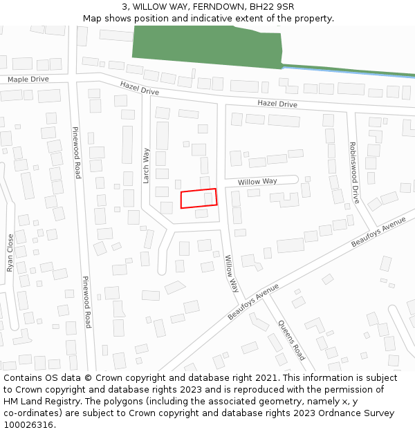 3, WILLOW WAY, FERNDOWN, BH22 9SR: Location map and indicative extent of plot