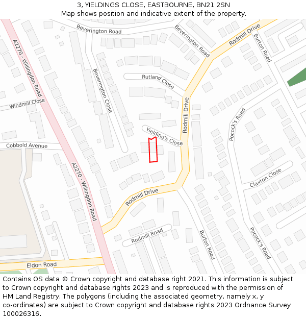 3, YIELDINGS CLOSE, EASTBOURNE, BN21 2SN: Location map and indicative extent of plot