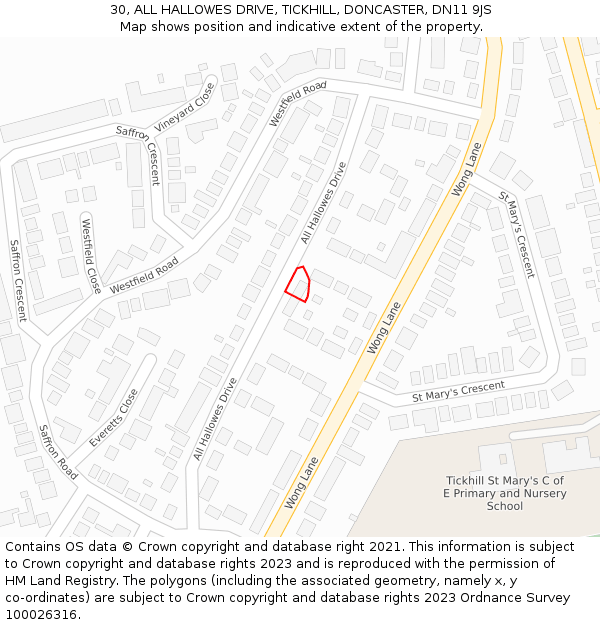 30, ALL HALLOWES DRIVE, TICKHILL, DONCASTER, DN11 9JS: Location map and indicative extent of plot