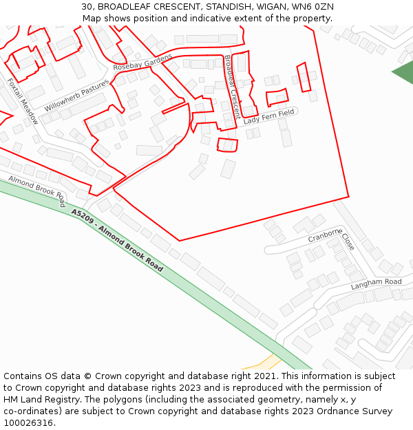 30, BROADLEAF CRESCENT, STANDISH, WIGAN, WN6 0ZN: Location map and indicative extent of plot