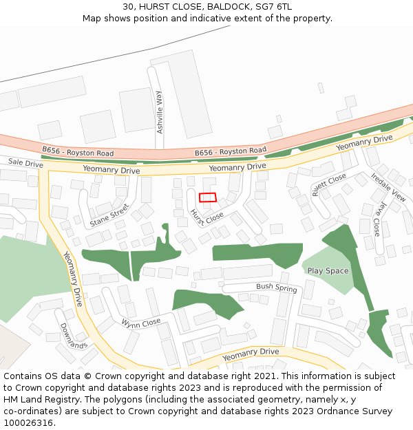 30, HURST CLOSE, BALDOCK, SG7 6TL: Location map and indicative extent of plot