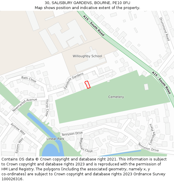 30, SALISBURY GARDENS, BOURNE, PE10 0FU: Location map and indicative extent of plot