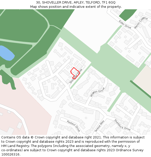 30, SHOVELLER DRIVE, APLEY, TELFORD, TF1 6GQ: Location map and indicative extent of plot