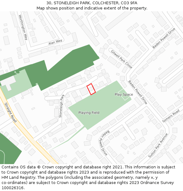 30, STONELEIGH PARK, COLCHESTER, CO3 9FA: Location map and indicative extent of plot