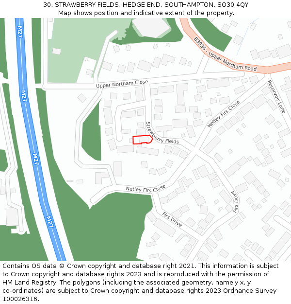 30, STRAWBERRY FIELDS, HEDGE END, SOUTHAMPTON, SO30 4QY: Location map and indicative extent of plot