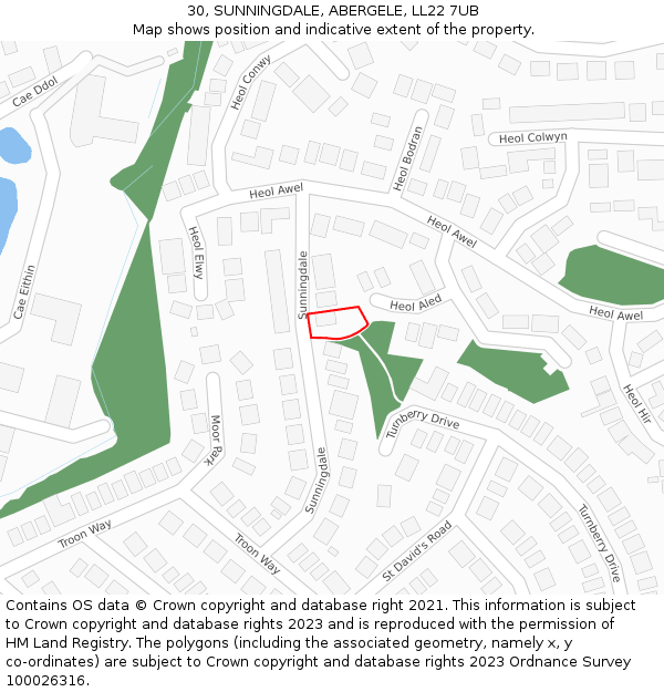 30, SUNNINGDALE, ABERGELE, LL22 7UB: Location map and indicative extent of plot