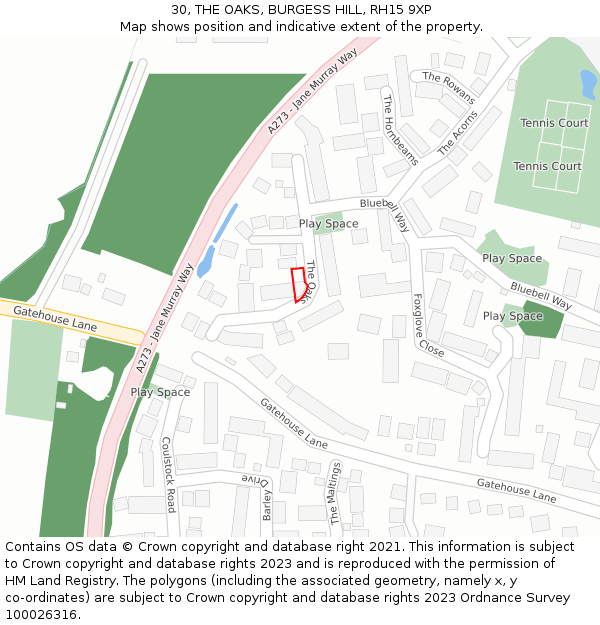 30, THE OAKS, BURGESS HILL, RH15 9XP: Location map and indicative extent of plot