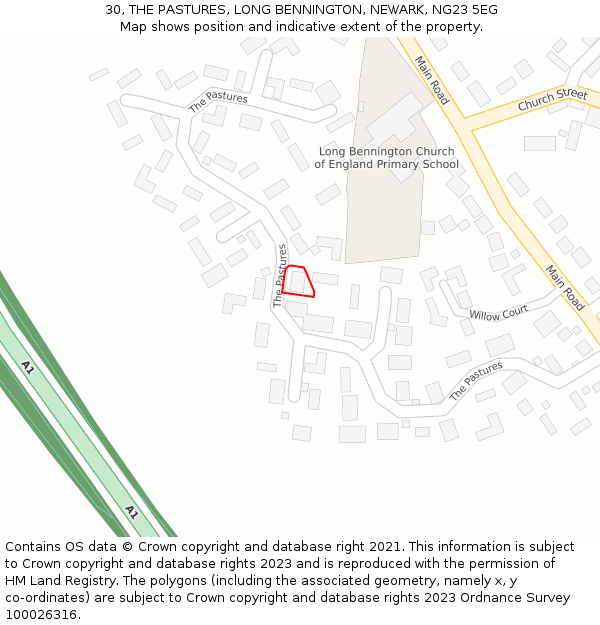 30, THE PASTURES, LONG BENNINGTON, NEWARK, NG23 5EG: Location map and indicative extent of plot