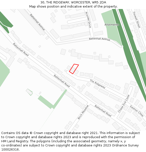 30, THE RIDGEWAY, WORCESTER, WR5 2DA: Location map and indicative extent of plot