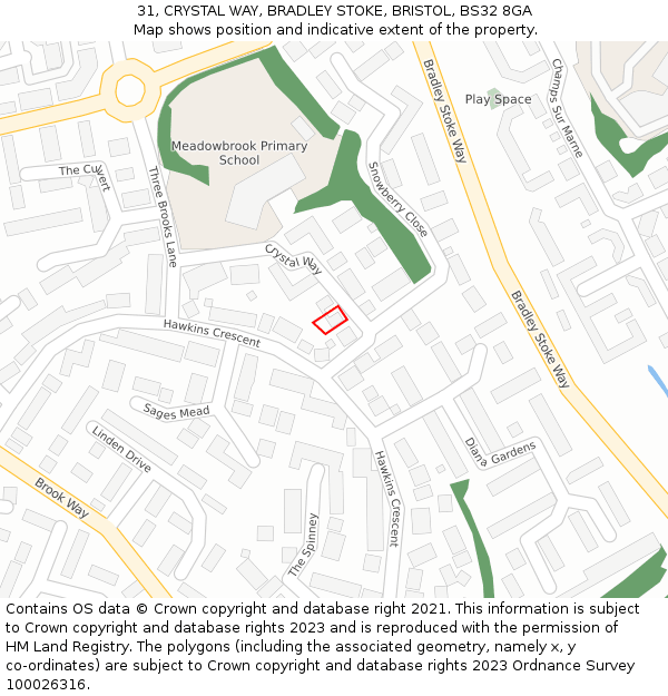 31, CRYSTAL WAY, BRADLEY STOKE, BRISTOL, BS32 8GA: Location map and indicative extent of plot