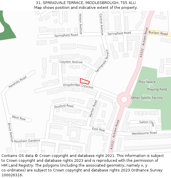 31, SPRINGVALE TERRACE, MIDDLESBROUGH, TS5 4LU: Location map and indicative extent of plot