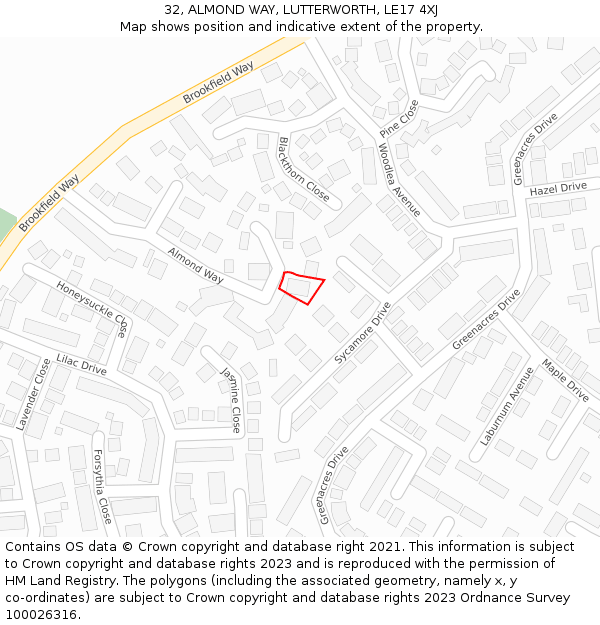 32, ALMOND WAY, LUTTERWORTH, LE17 4XJ: Location map and indicative extent of plot