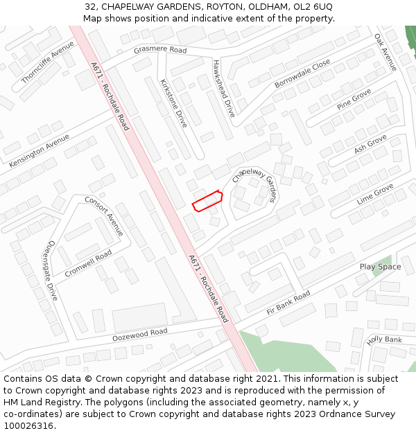 32, CHAPELWAY GARDENS, ROYTON, OLDHAM, OL2 6UQ: Location map and indicative extent of plot