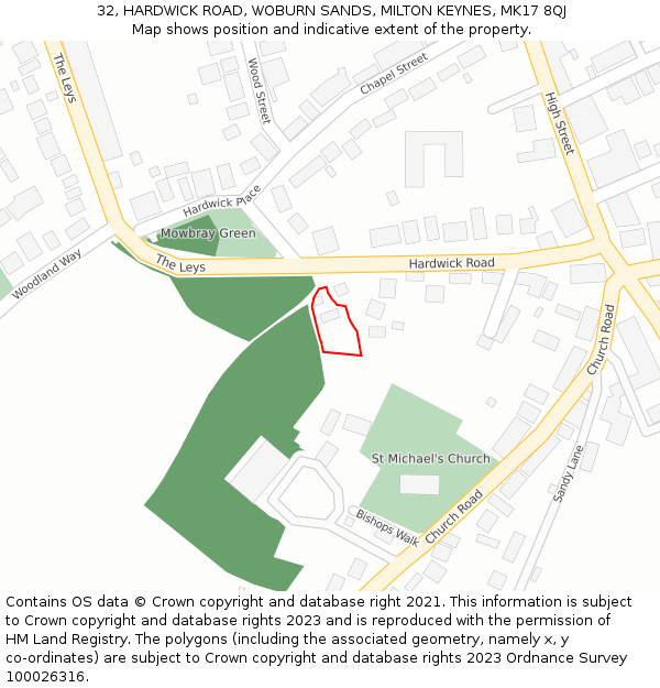 32, HARDWICK ROAD, WOBURN SANDS, MILTON KEYNES, MK17 8QJ: Location map and indicative extent of plot