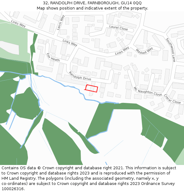 32, RANDOLPH DRIVE, FARNBOROUGH, GU14 0QQ: Location map and indicative extent of plot