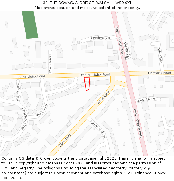 32, THE DOWNS, ALDRIDGE, WALSALL, WS9 0YT: Location map and indicative extent of plot