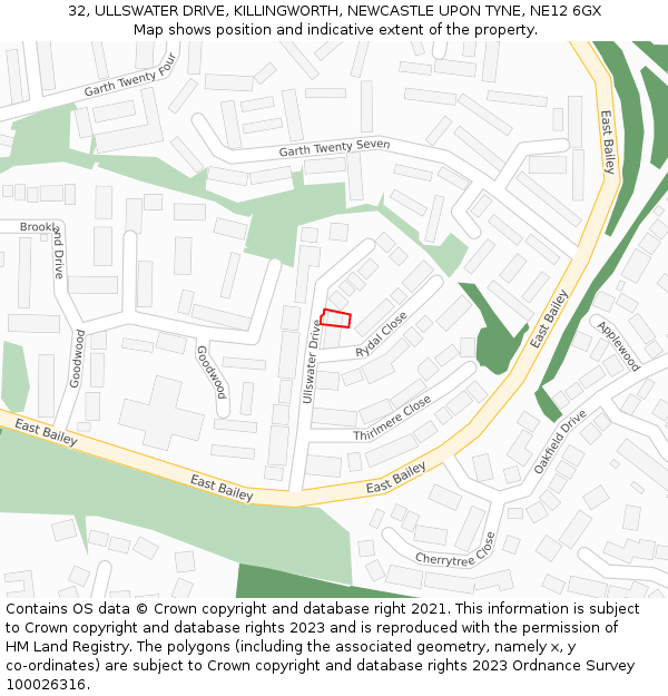 32, ULLSWATER DRIVE, KILLINGWORTH, NEWCASTLE UPON TYNE, NE12 6GX: Location map and indicative extent of plot