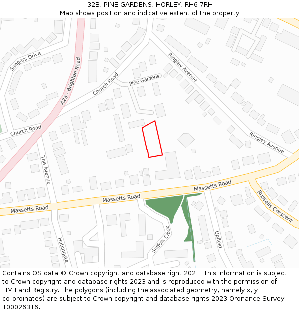 32B, PINE GARDENS, HORLEY, RH6 7RH: Location map and indicative extent of plot