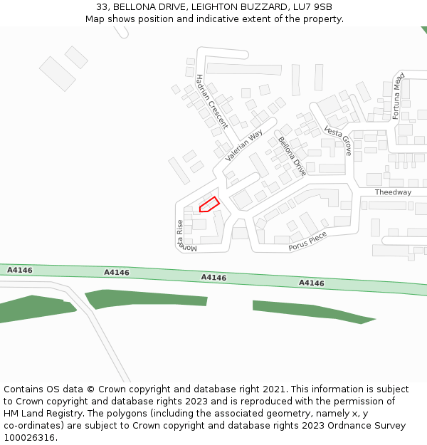 33, BELLONA DRIVE, LEIGHTON BUZZARD, LU7 9SB: Location map and indicative extent of plot