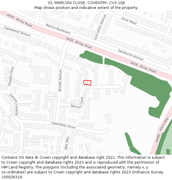 33, MARCONI CLOSE, COVENTRY, CV3 1QE: Location map and indicative extent of plot