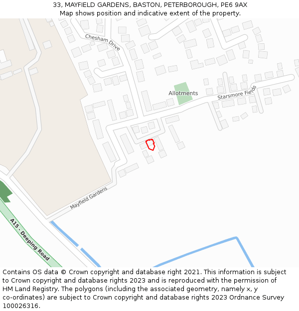 33, MAYFIELD GARDENS, BASTON, PETERBOROUGH, PE6 9AX: Location map and indicative extent of plot